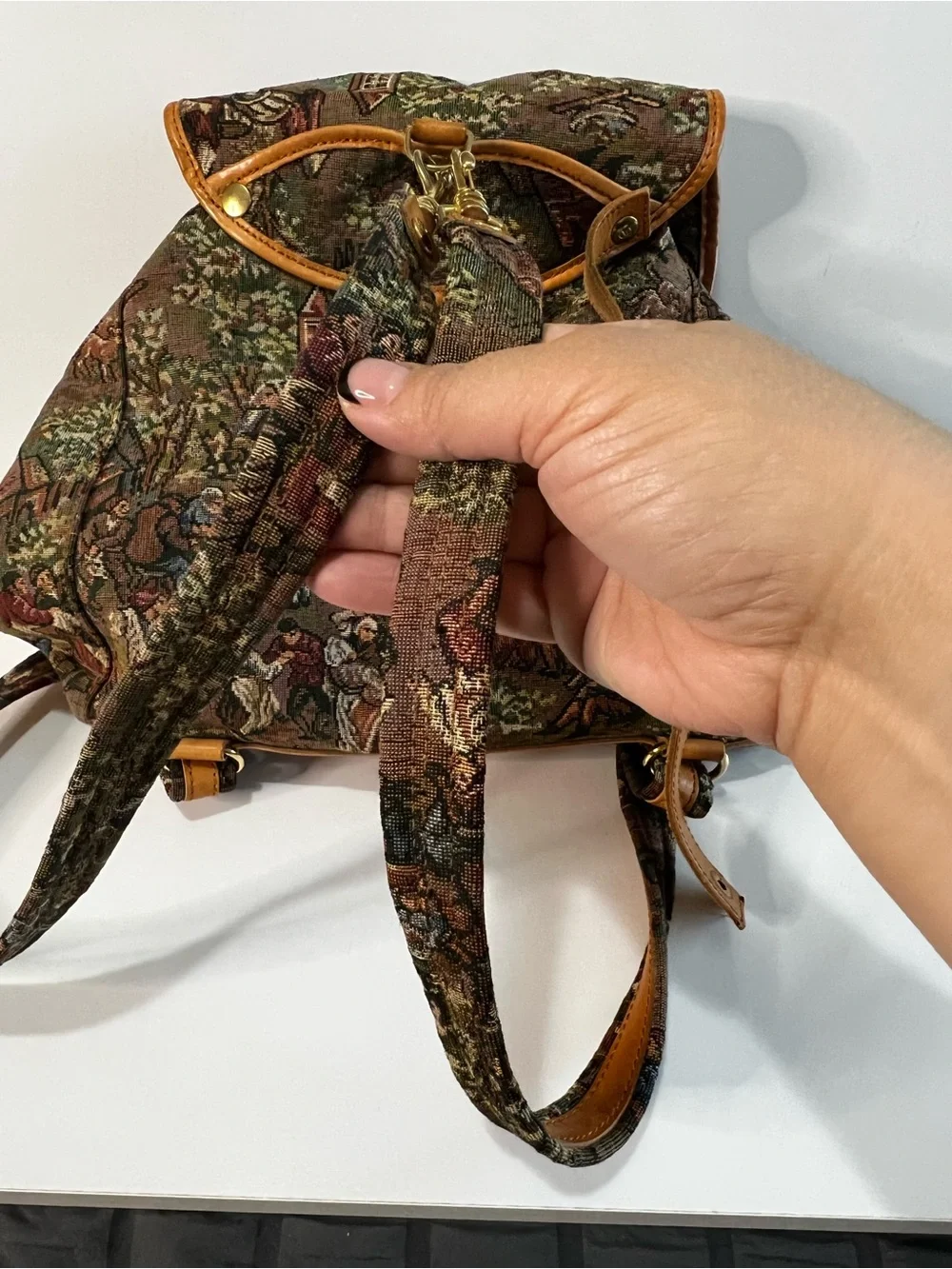 Gobelins Art Vintage 90s Tapestry Boho Drawstring Backpack Satchel w/ Pouch